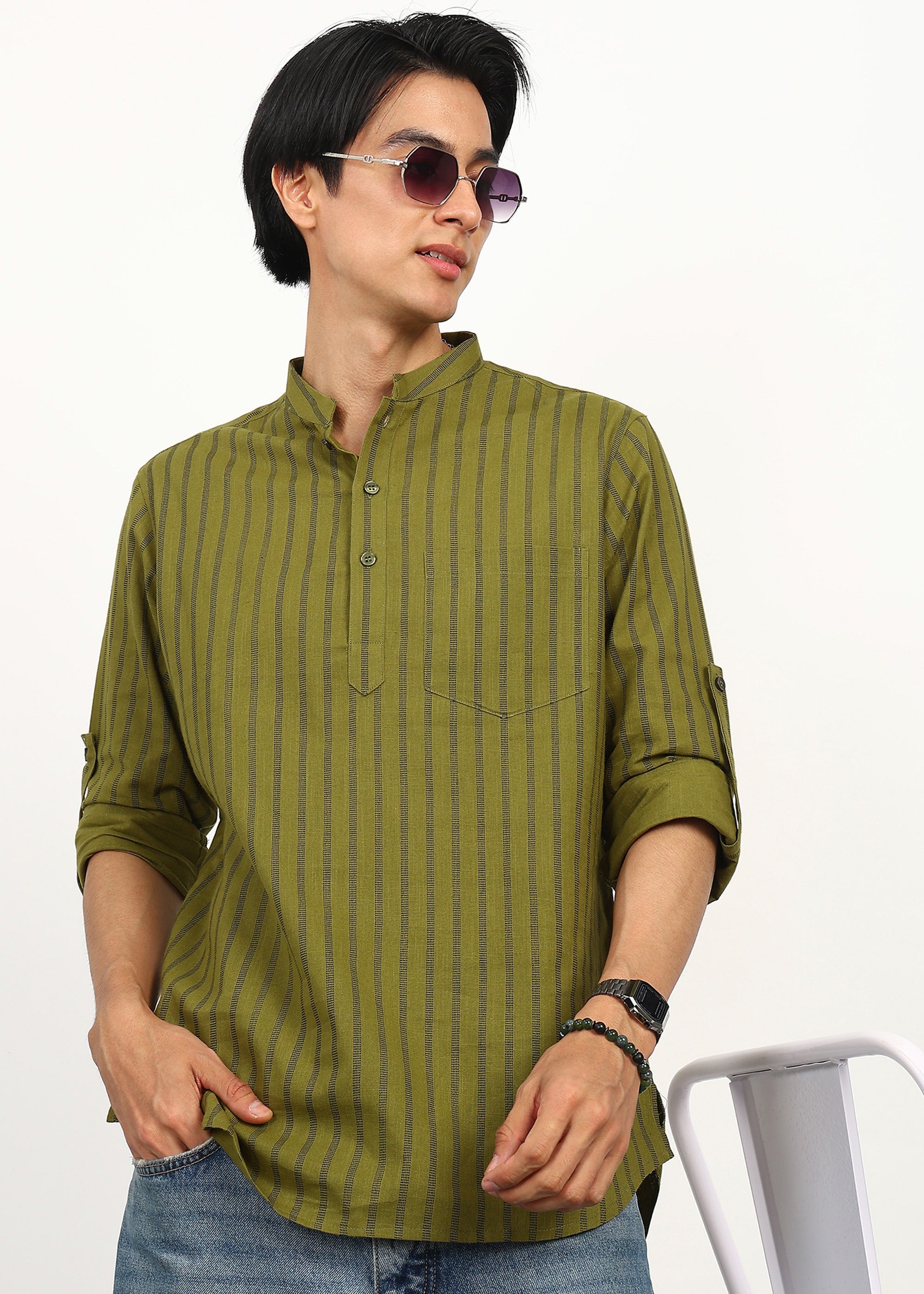 Fabmade Olive Stripe Linen Kurta
