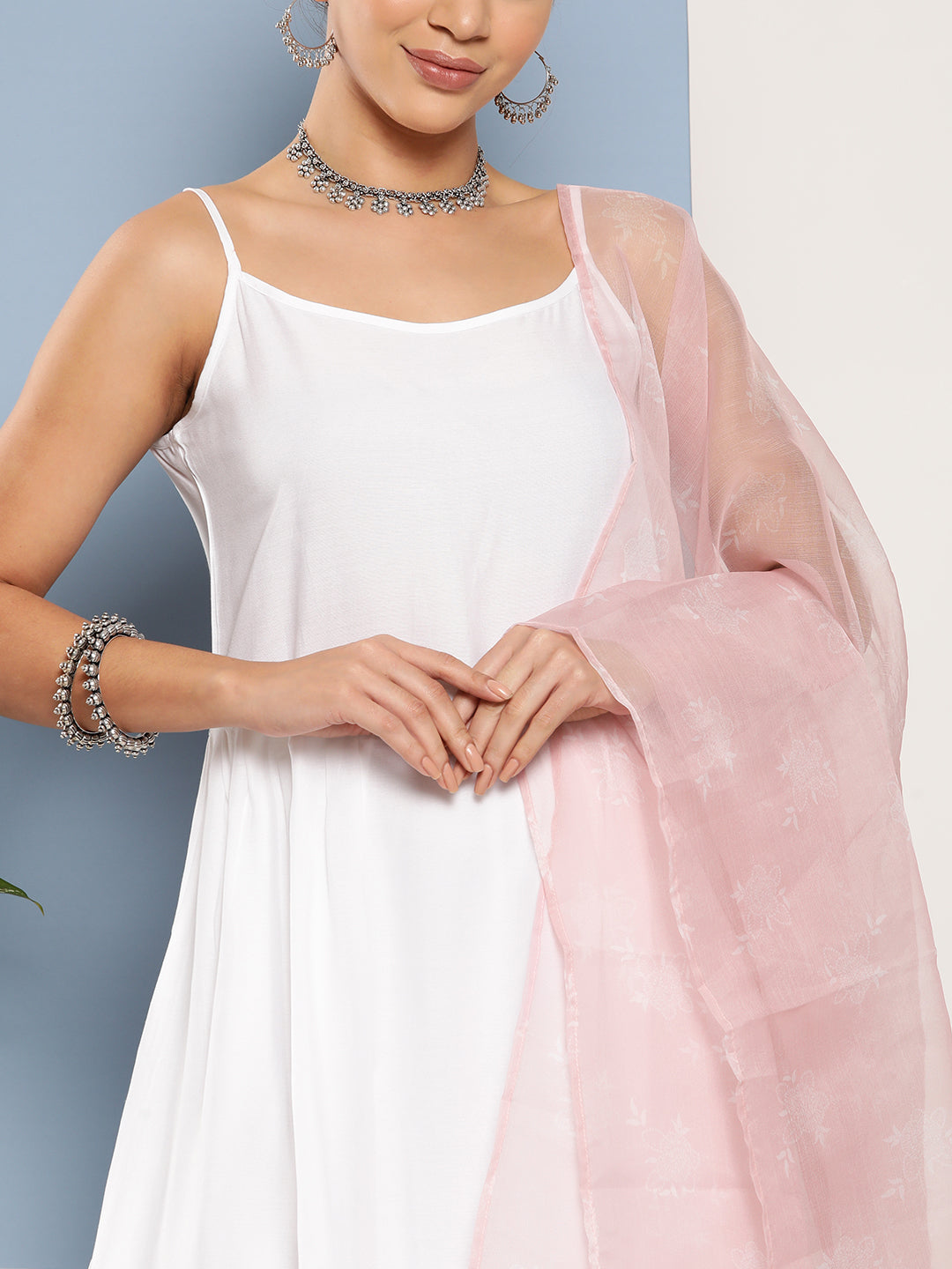InWeave Women's Cream Strappy With Pink White Chintz Organza Dupatta