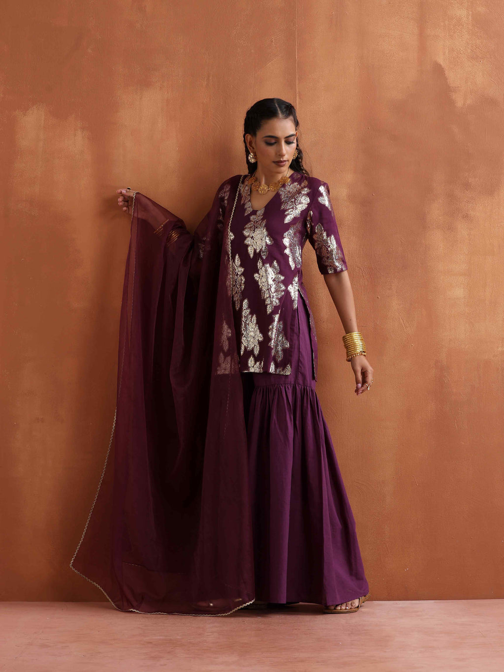 trueBrowns Purple Metallic Sharara Dupatta Set - Distacart