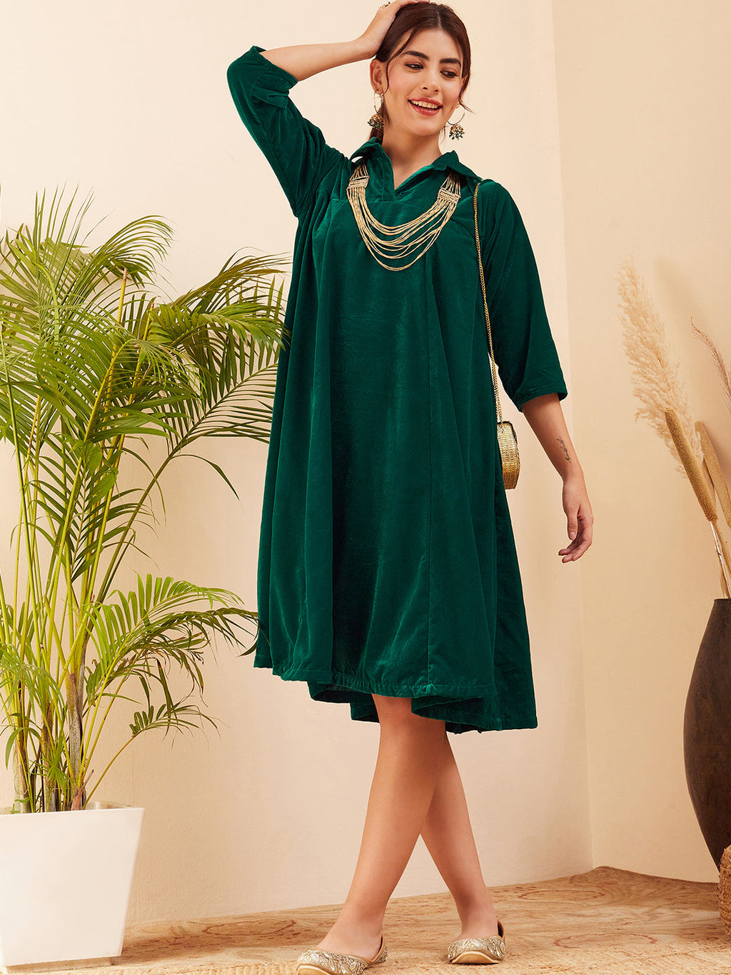 InWeave Women's Teal Velvet Collared Neck Flared Midi Dress - Distacart