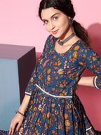 InWeave Women's Blue Floral Print Dress With Lace - Distacart