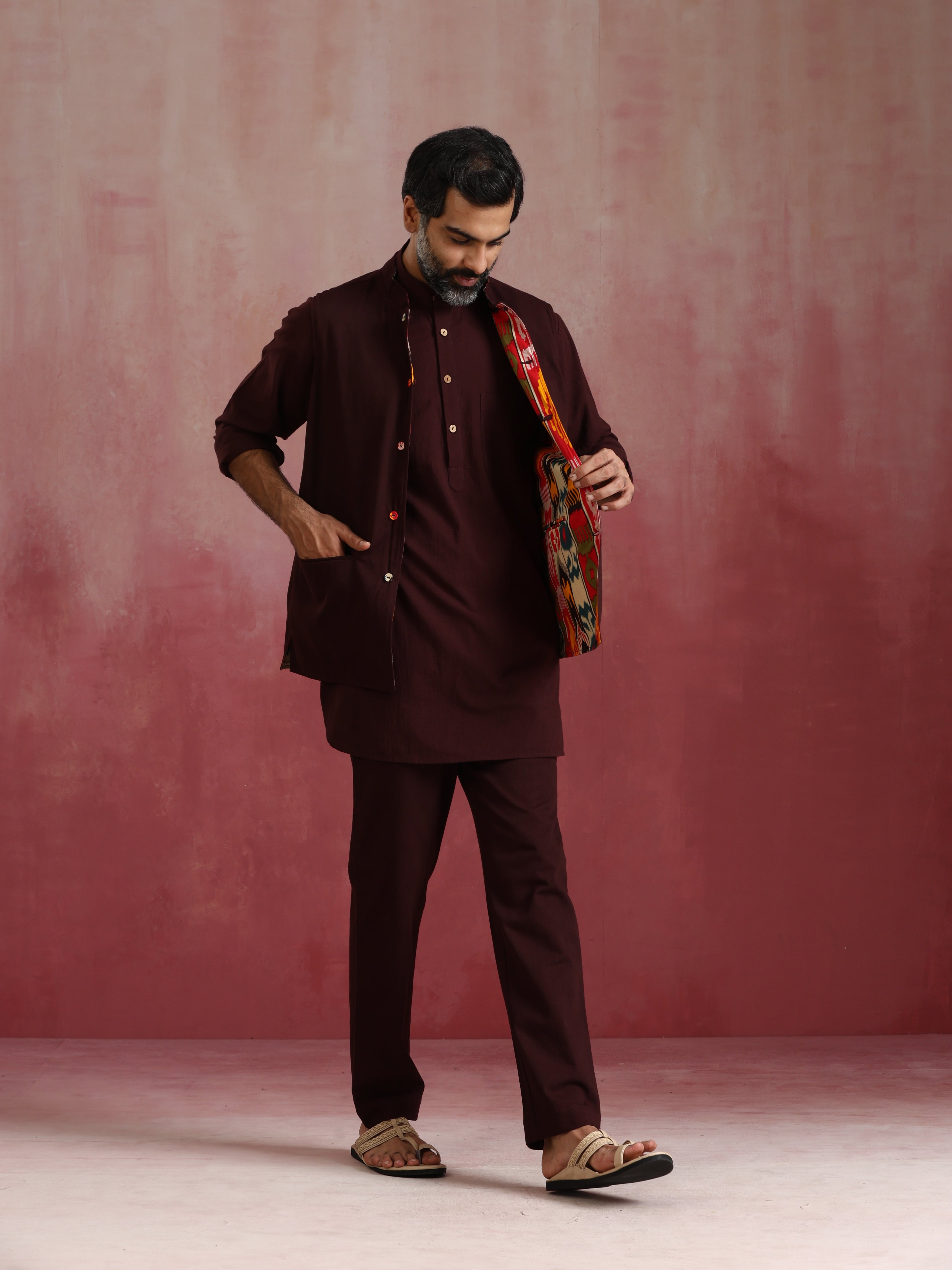 trueBrowns Men's Cola Ikat Print Cotton Reversible Nehru Jacket