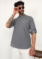 Fabmade Ash Grey Linen Short Kurta