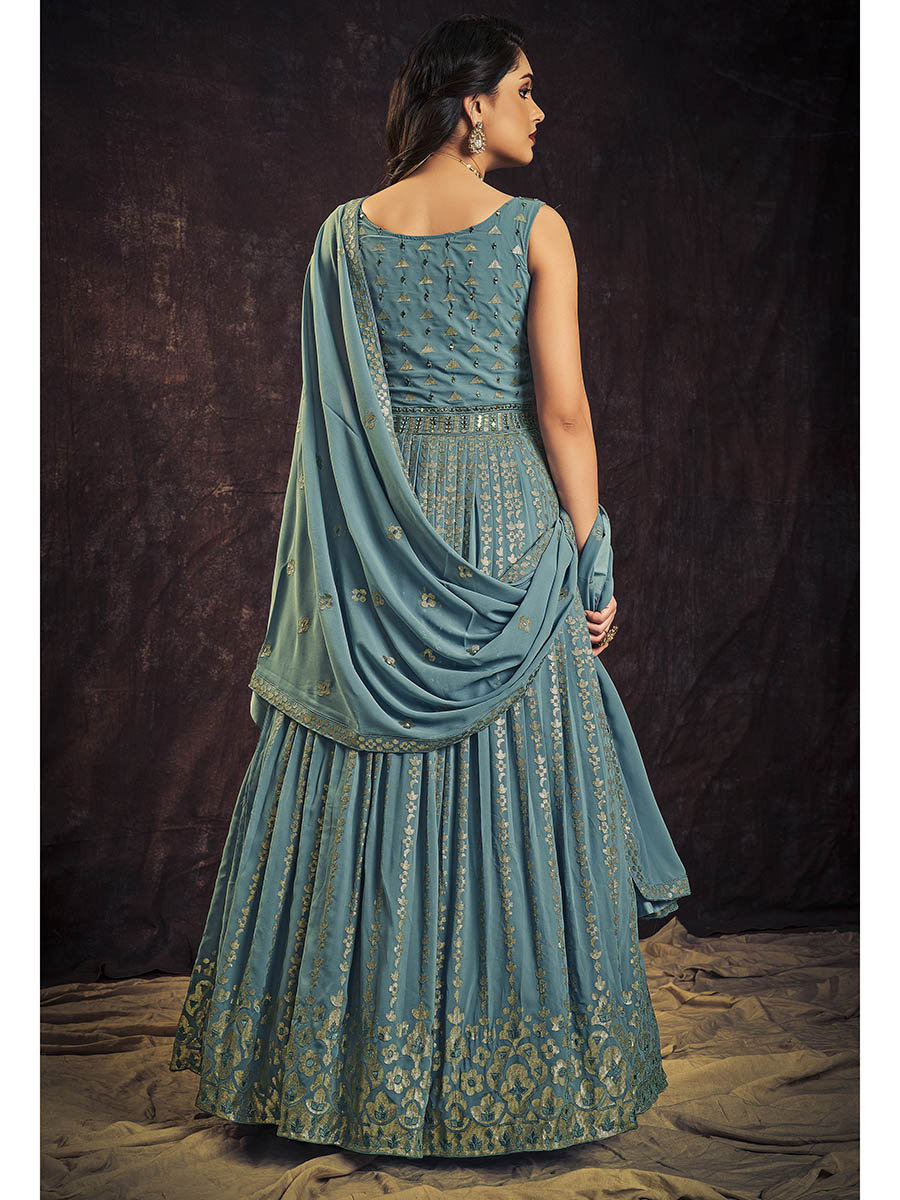 Myra Blue Real Georgette Designer Gown Style Suit - Distacart