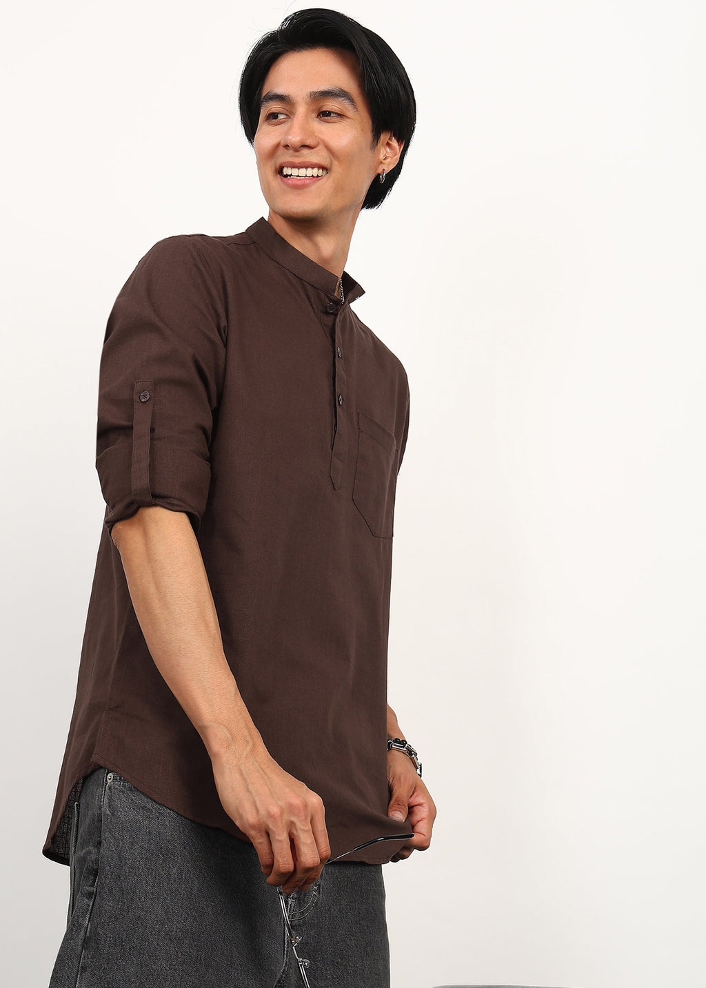 Fabmade Cocoa Drift Linen Short Kurta