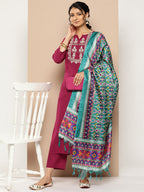 KSUT (House of Varanga) Magenta Kurta With Dori And Zari Embroidered Yoke Paired With Organza Dupatta And Straight Trouser - Distacart