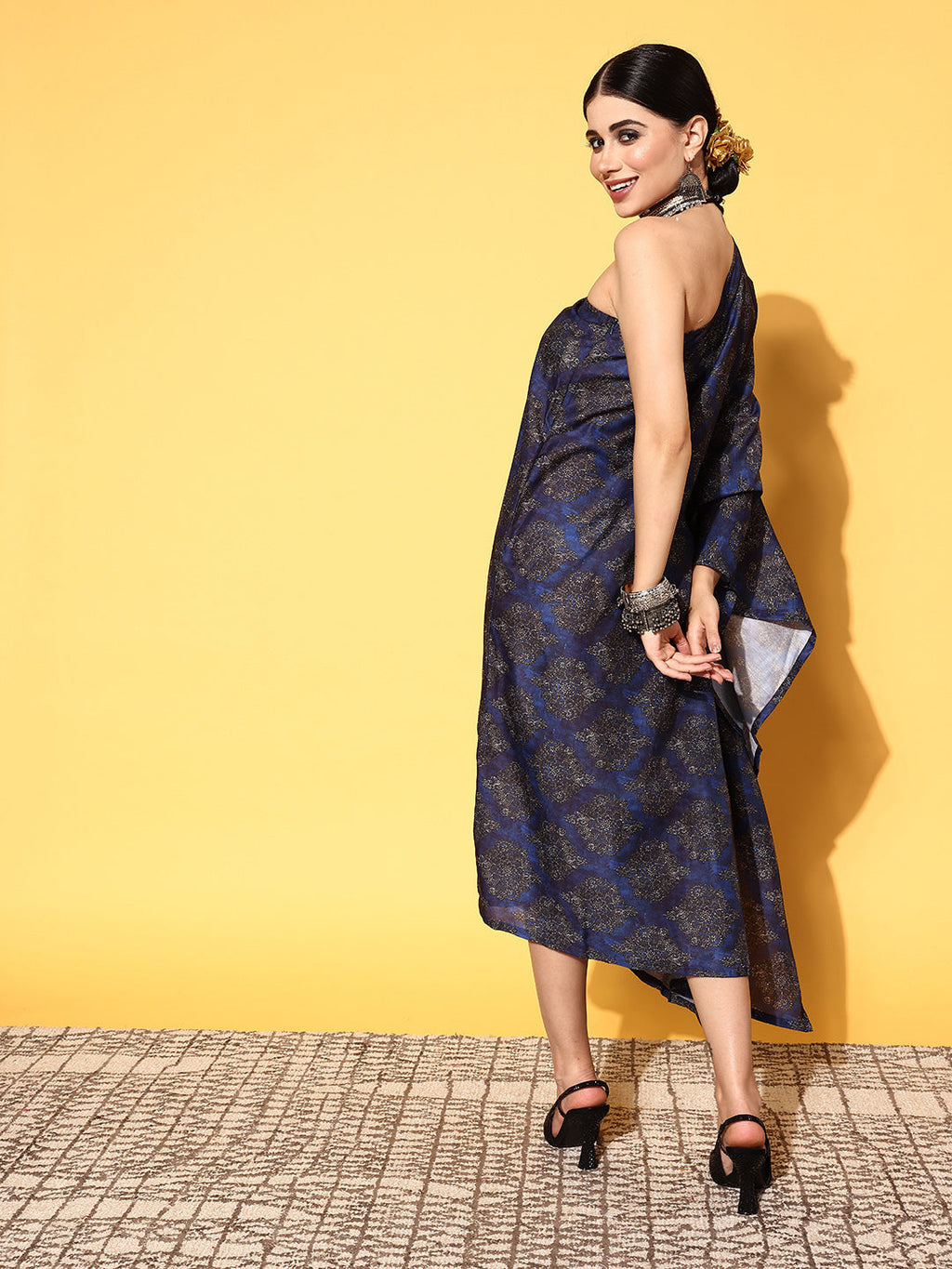 InWeave Women's Indigo Boota Print One Shoulder Kaftan Dress - Distacart