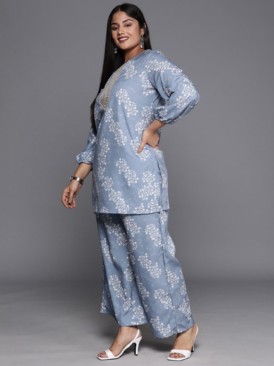 Ahalyaa Plus Size Floral Print Zari Ethnic Tunic with Palazzos - Distacart