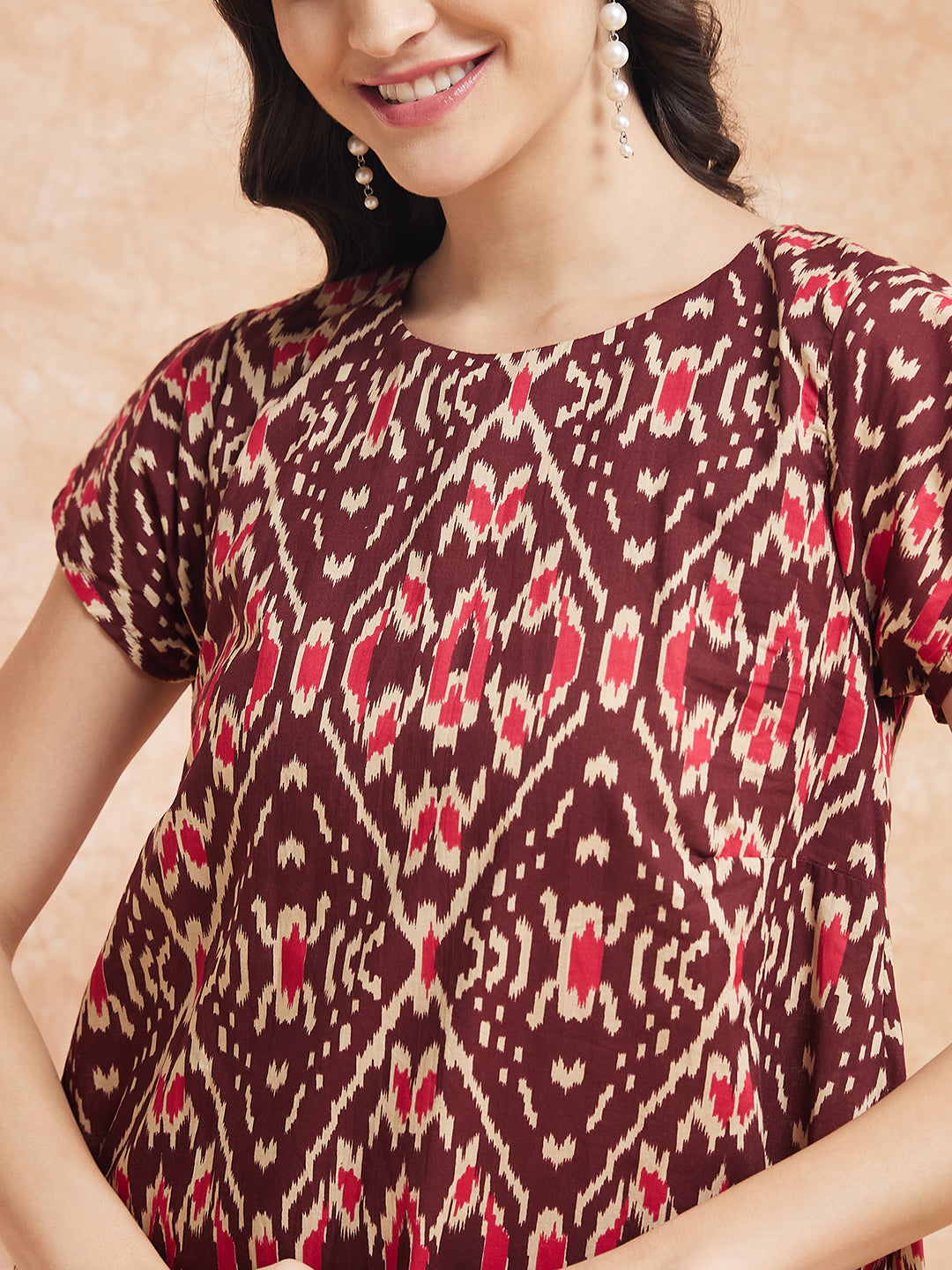 InWeave Women's Wine Ikkat Print A Line Dress - Distacart