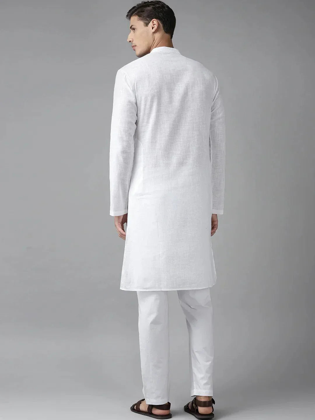 Fabmade Men White Cotton Linen Kurta
