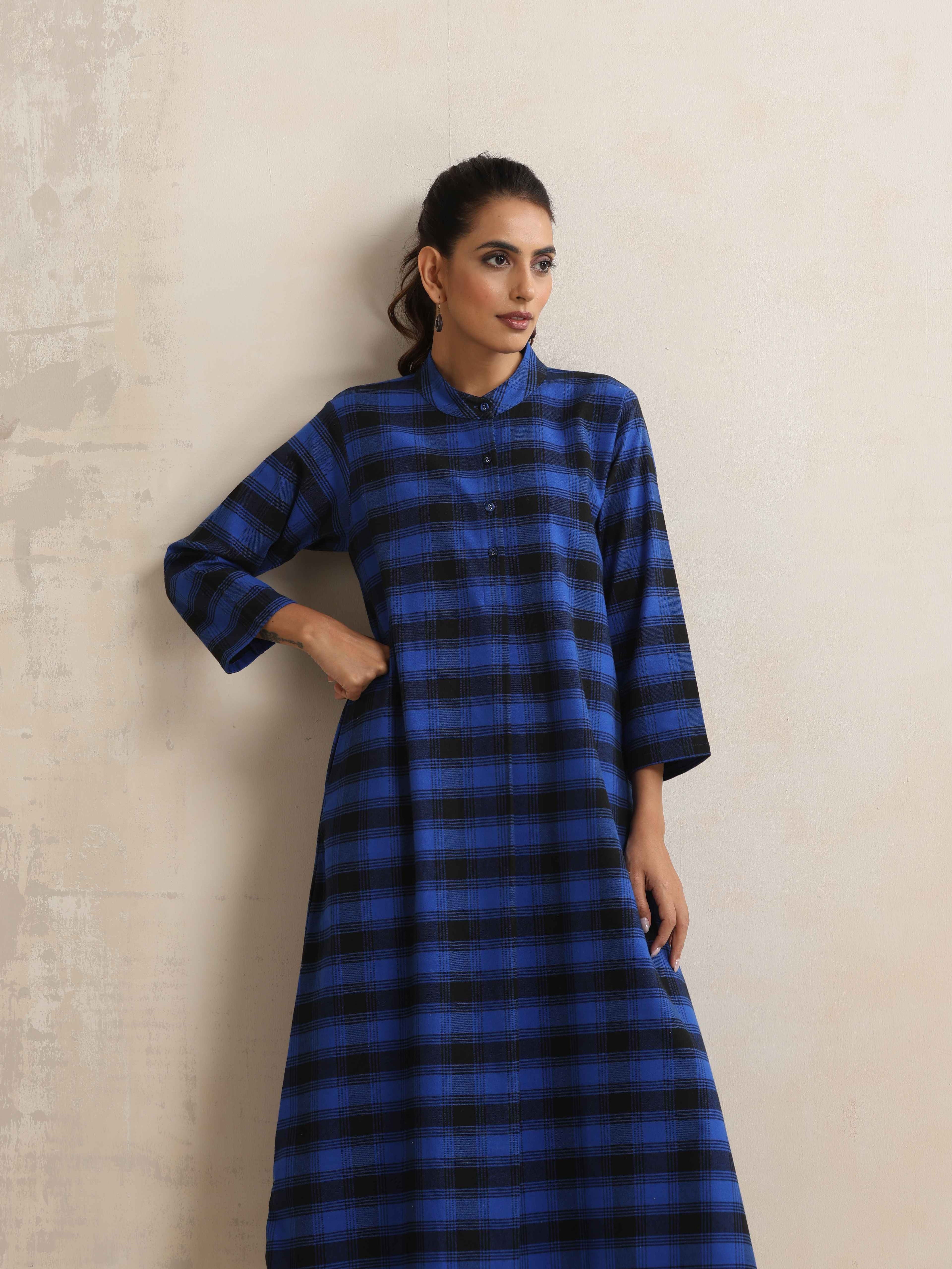 trueBrowns Blue Check Flared Winter Dress - Distacart
