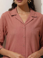 trueBrowns Peach Cotton Linen Kurta Pant Set - Distacart