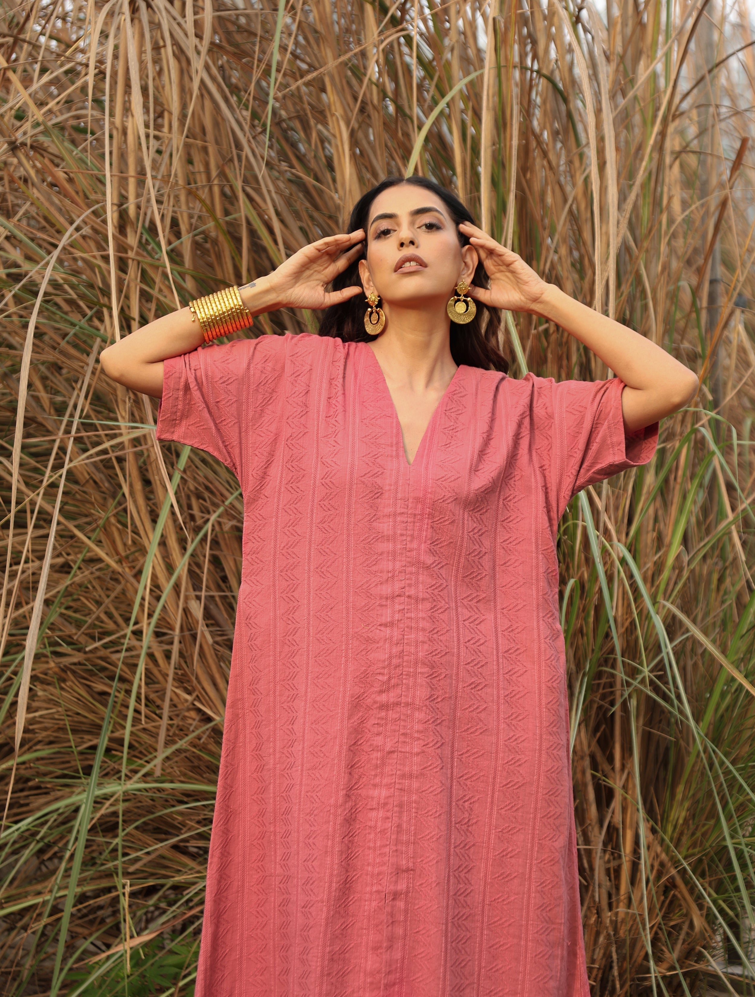 trueBrowns Coral Cotton Dobby Front Slit Dress - Distacart