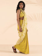 trueBrowns Lime Muslin Ikat Saree