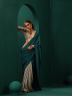 trueBrowns Teal Grey Silk Ready to Wear Saree