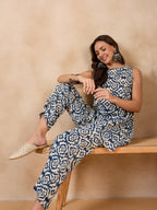 InWeave Peacock Blue White Moroccan Print Round Neck Kurta Set