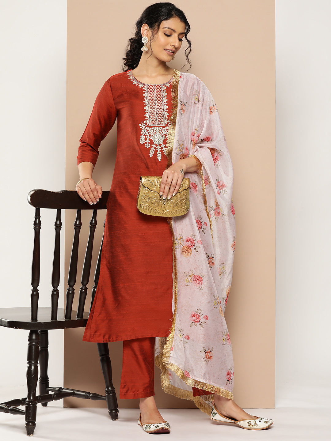 KSUT (House of Varanga) Embroidered Kurta Paired With Pant And Printed Dupatta With Zari Fringes - Distacart