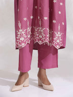 trueBrowns Pink Cotton Floral Embroidered Flared Kurta Set - Distacart