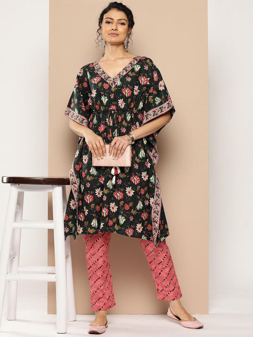 KSUT (House of Varanga) Green And Peach Floral Print Kaftan Trouser Set. - Distacart