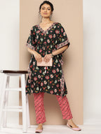 KSUT (House of Varanga) Green And Peach Floral Print Kaftan Trouser Set. - Distacart