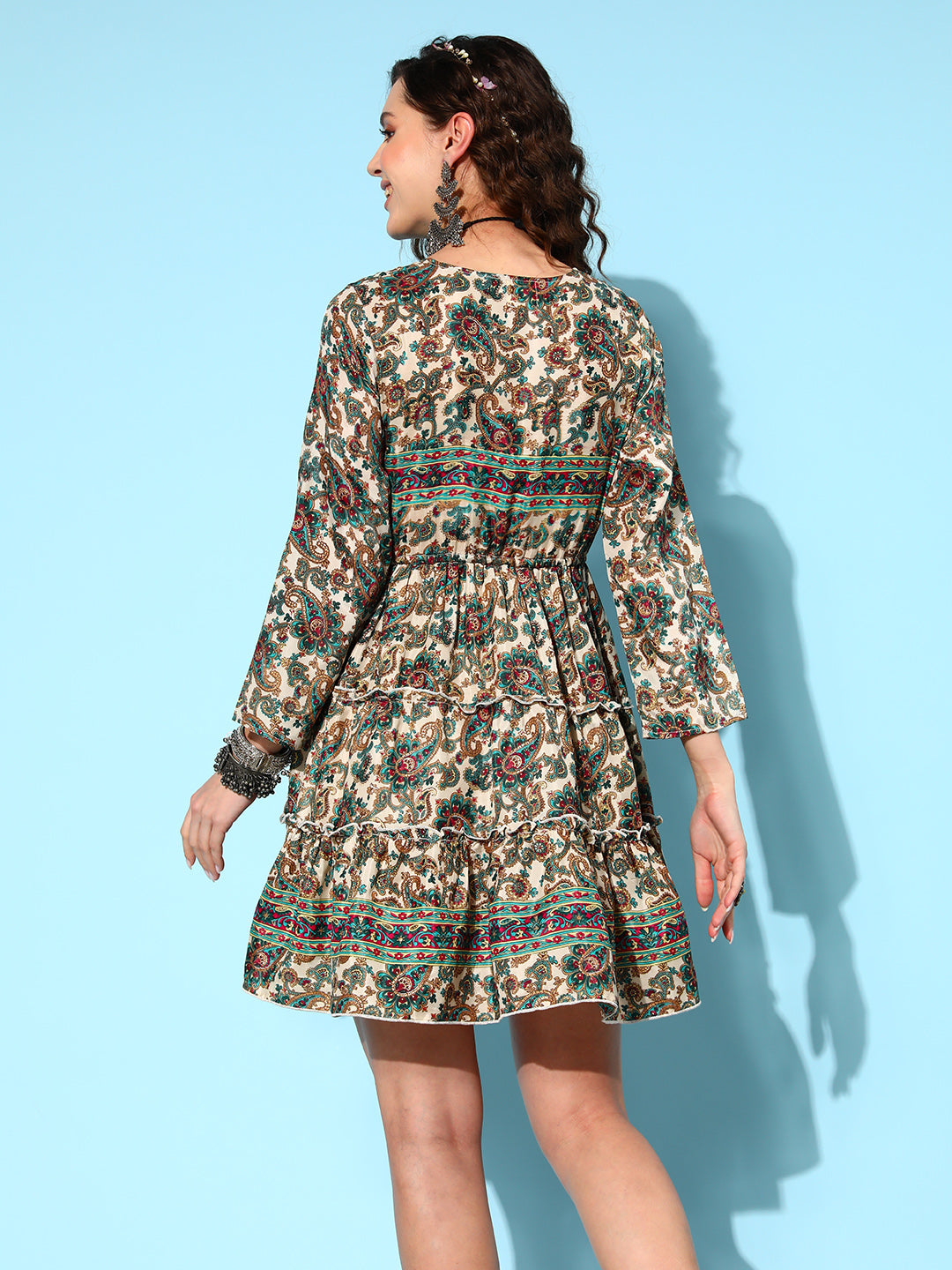 InWeave Women's Off White Green Paisley Print Tiered Dress - Distacart
