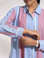 trueBrowns Blue Cotton Stripe Flared Shirt Dress - Distacart