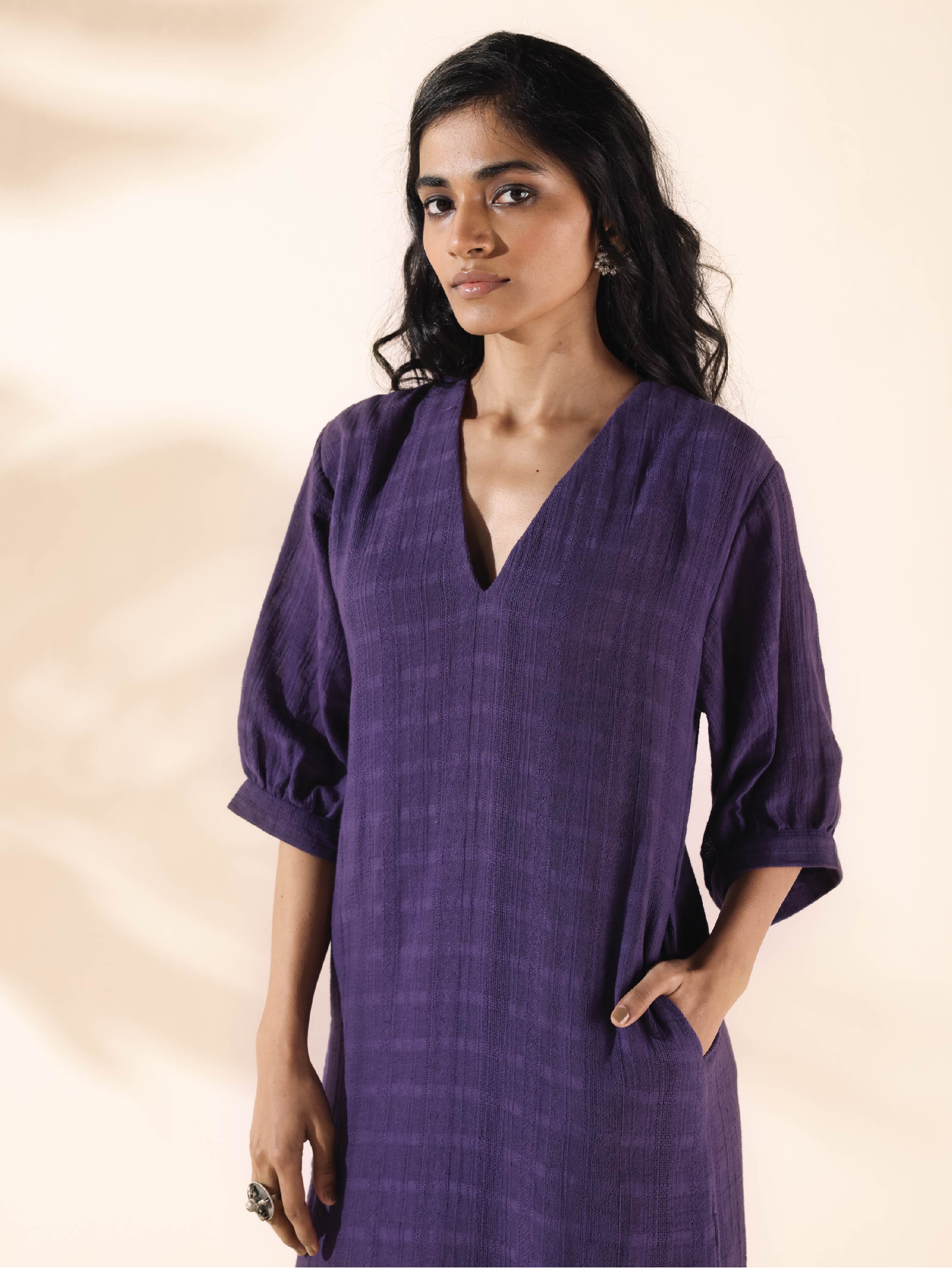 trueBrowns Purple Cotton Dobby Slit Dress - Distacart