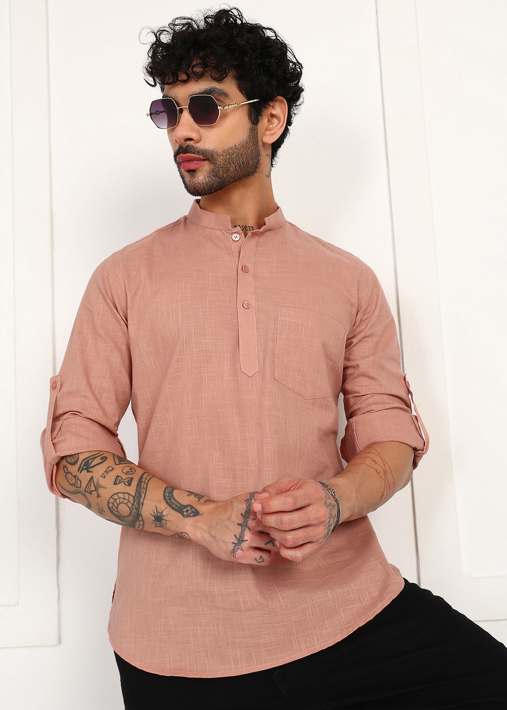 Fabmade Men’S Peach Linen Short Kurta