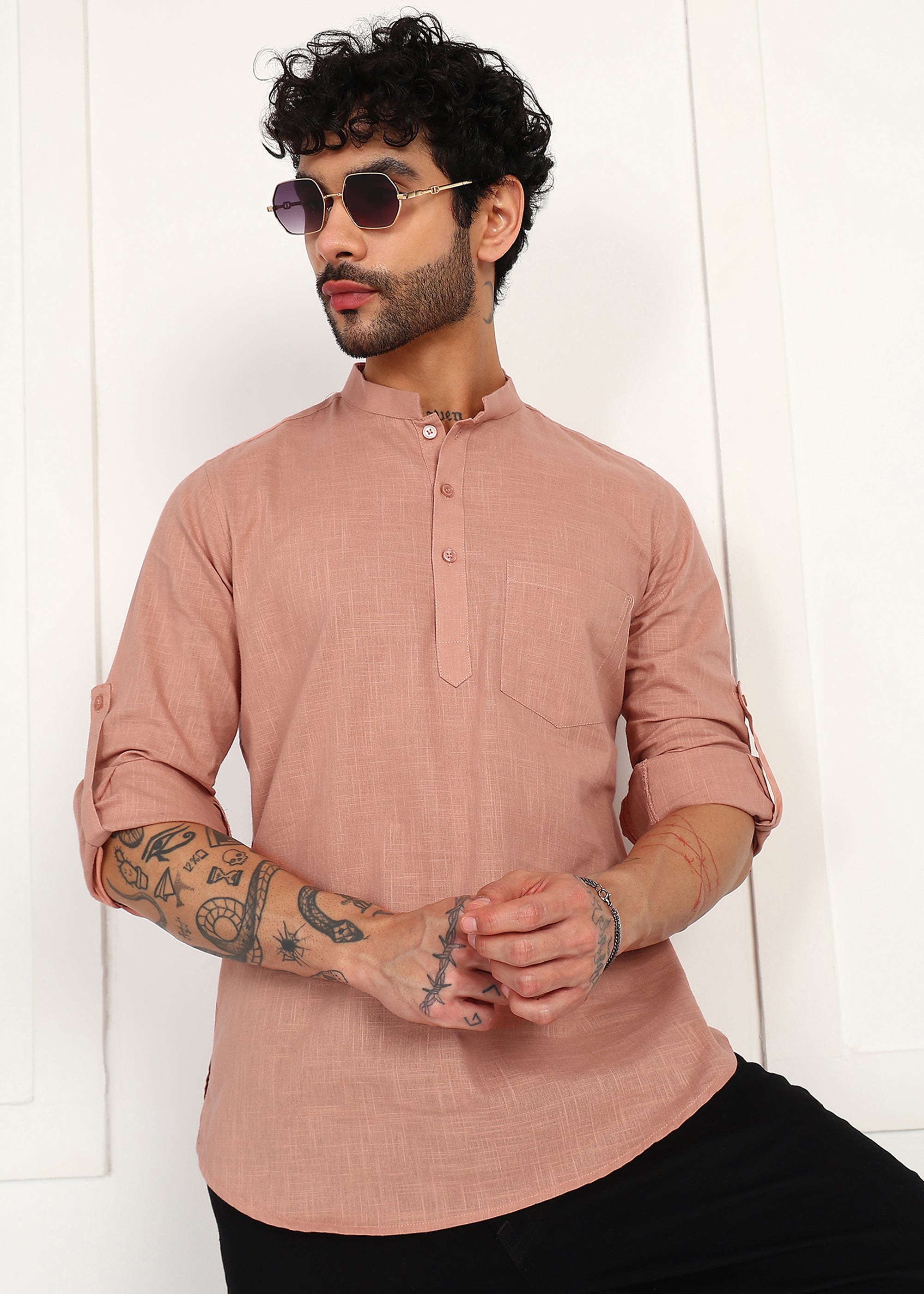 Fabmade Men’S Peach Linen Short Kurta