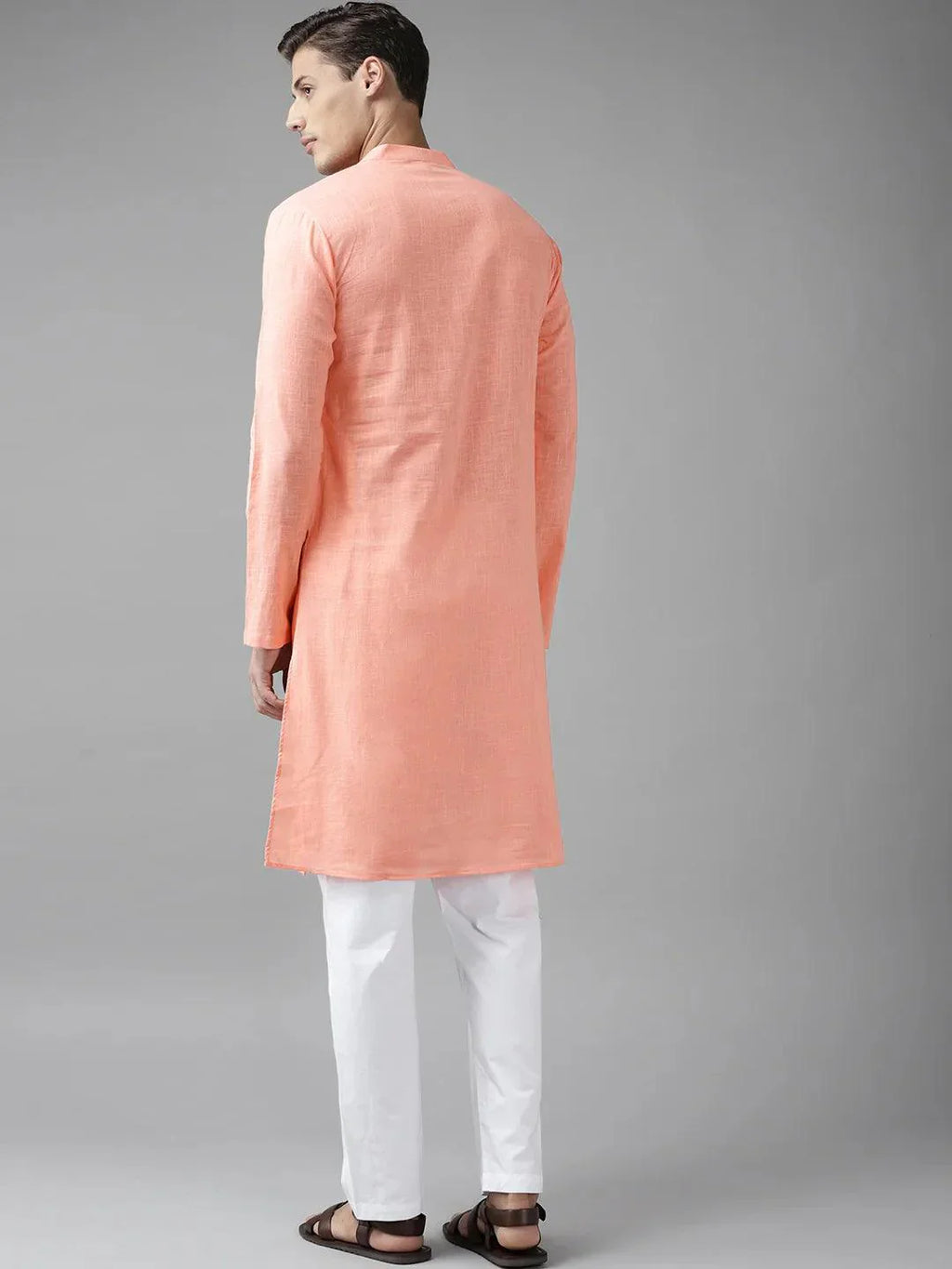 Fabmade Men Peach Cotton Linen Kurta