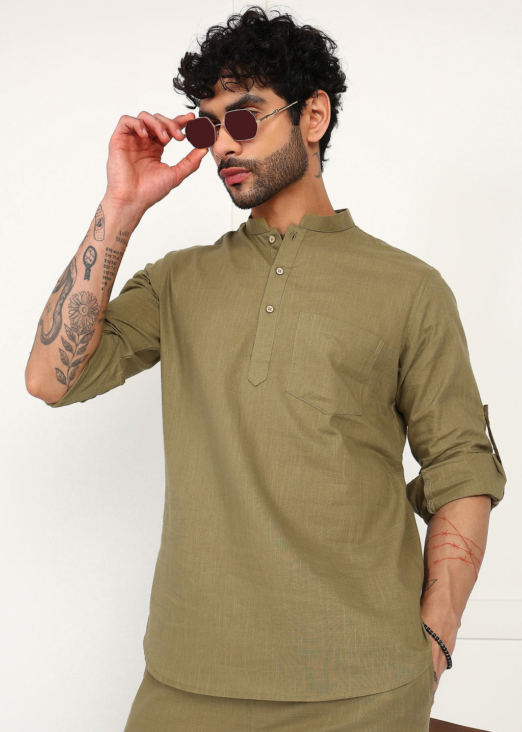 Fabmade Olive Dune Linen Short Kurta Co-Ord Set