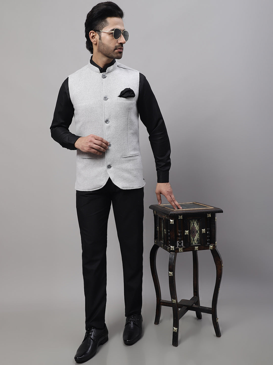 Even Apparels Men's Grey Pure Wool Nehru Jacket