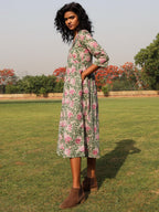 trueBrowns Sage Cotton Block Print Lapel Collared Dress - Distacart