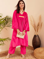 InWeave Women's Magenta V Neck Asymmetrical Pleated Velvet Kurta Set