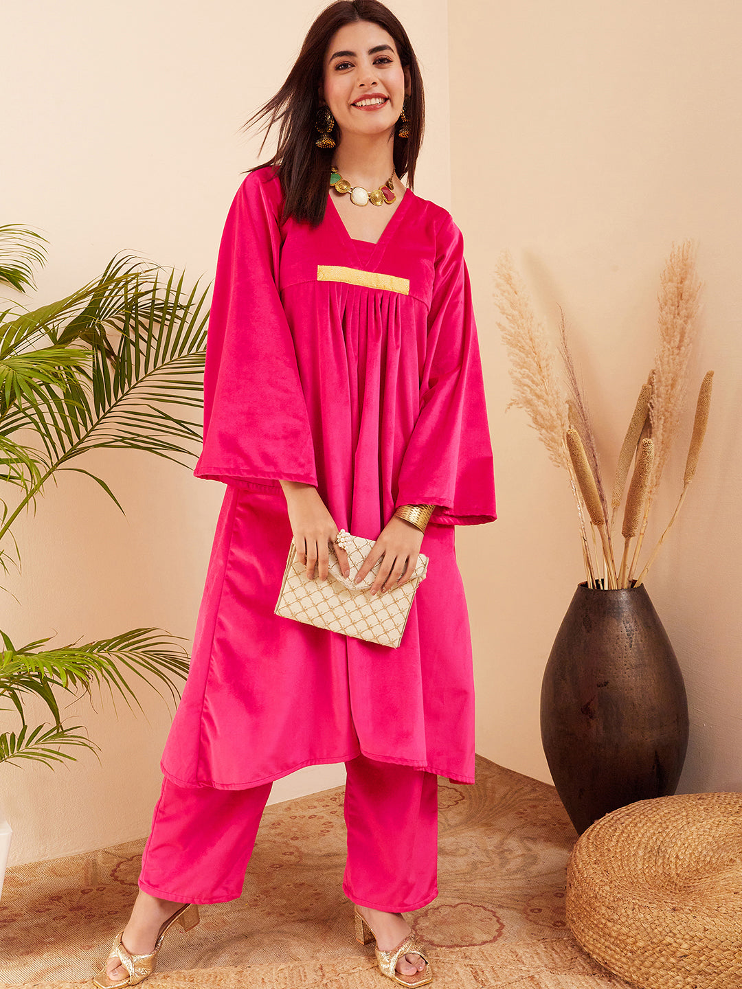 InWeave Women's Magenta V Neck Asymmetrical Pleated Velvet Kurta Set