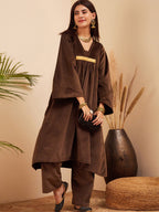 InWeave Women's Brown V Neck Asymmetrical Pleated Velvet Kurta Set