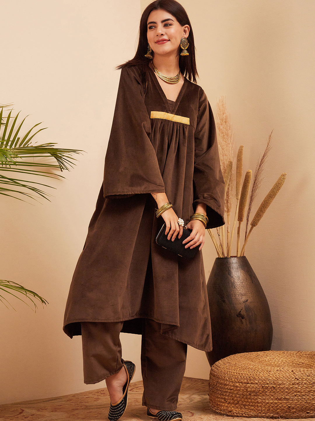 InWeave Women's Brown V Neck Asymmetrical Pleated Velvet Kurta Set