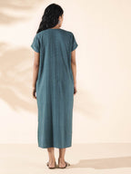 trueBrowns Turquoise Cotton Dobby Dress - Distacart