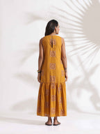 trueBrowns Mustard Cotton Print Tier Dress - Distacart