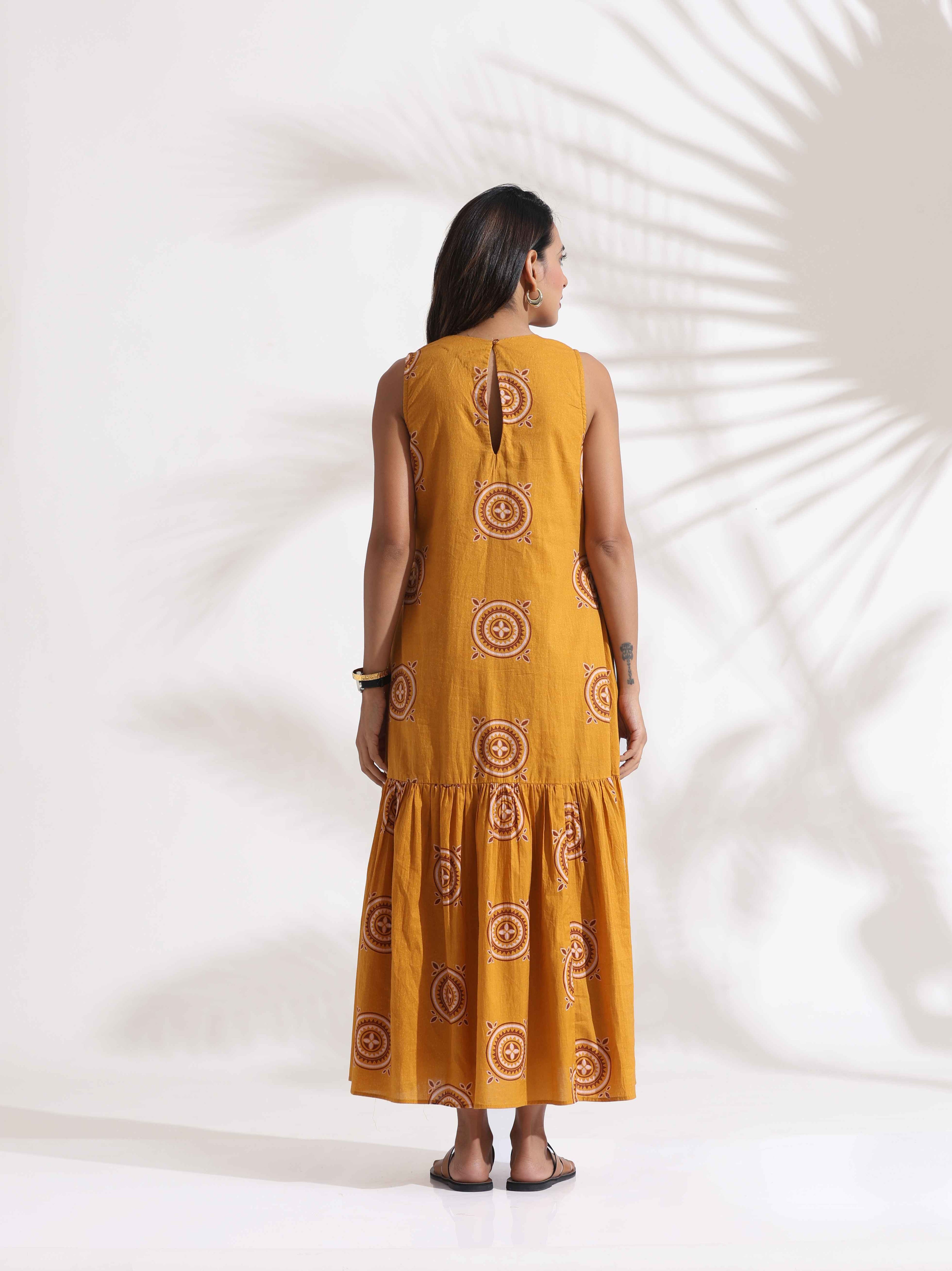 trueBrowns Mustard Cotton Print Tier Dress - Distacart