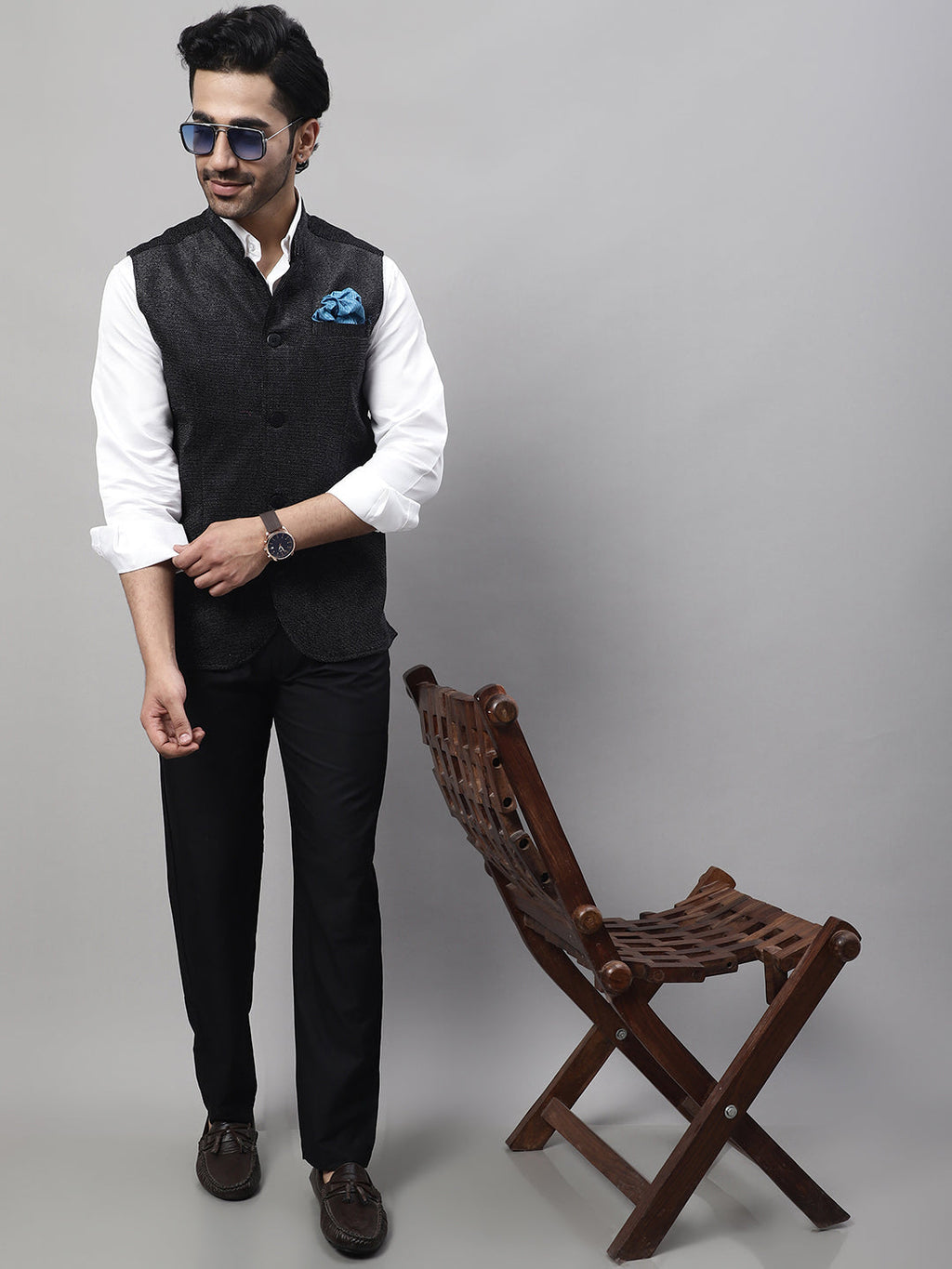 Even Apparels Men's Black Nehru Jacket With Welt Pockets