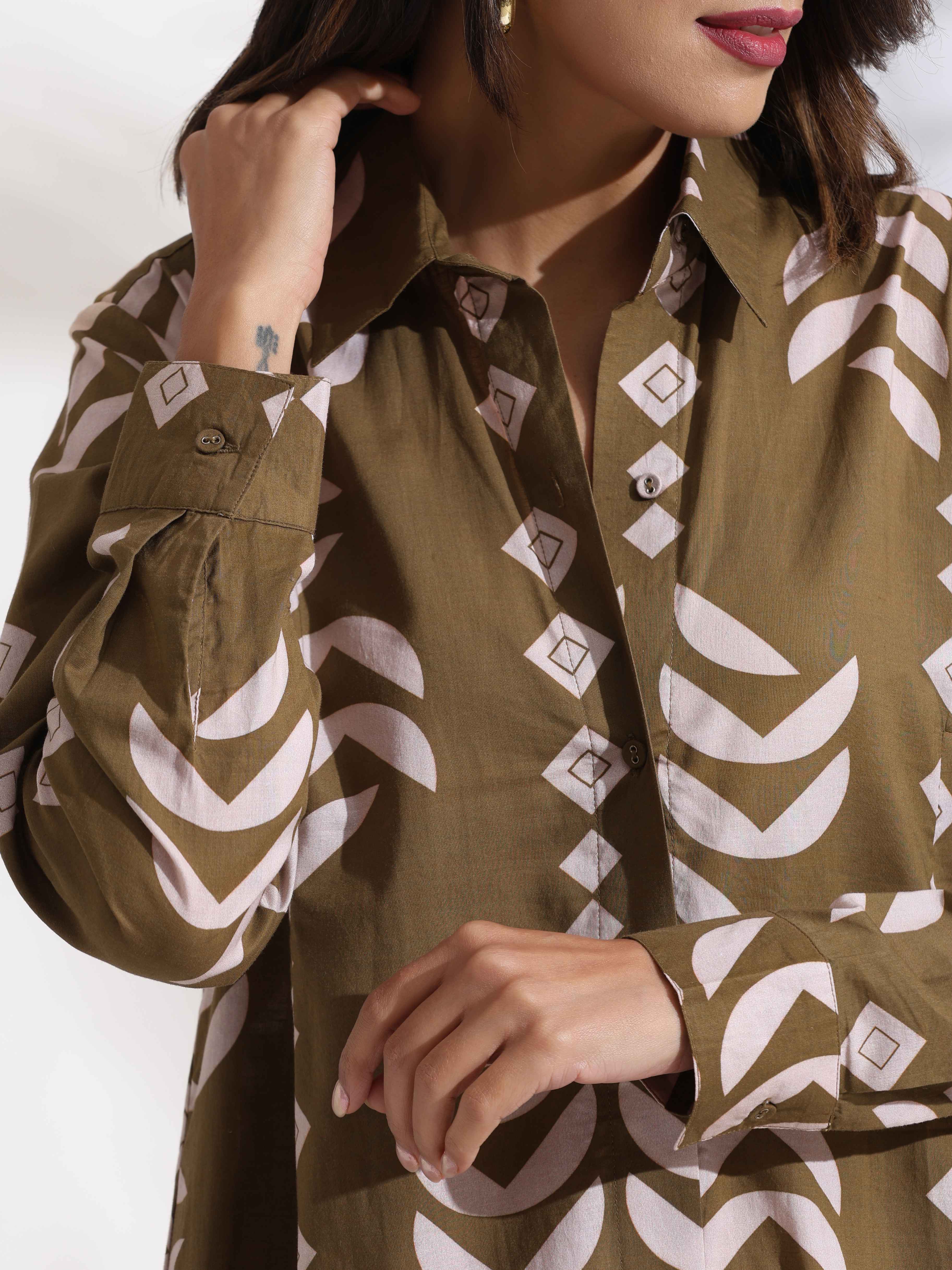 trueBrowns Olive Green Cotton Print Shirt Dress - Distacart