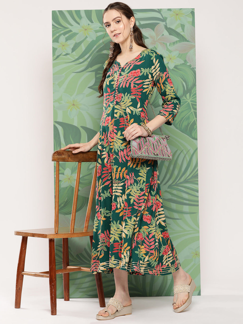 InWeave Women's Green Tropical Print Gota Long Dress - Distacart