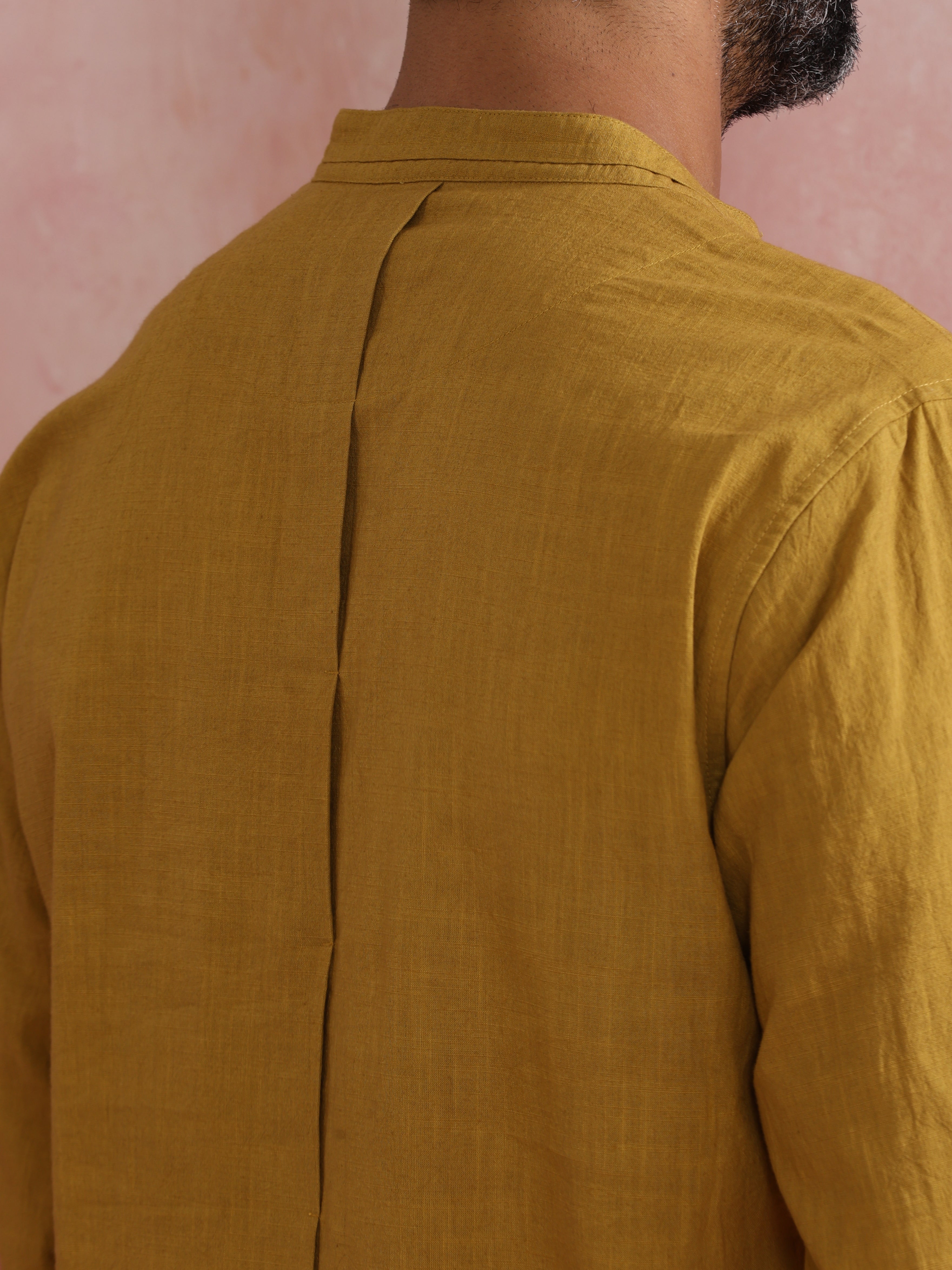 trueBrowns Men's Mustard Cotton Mandarin Collar Stylized Kurta