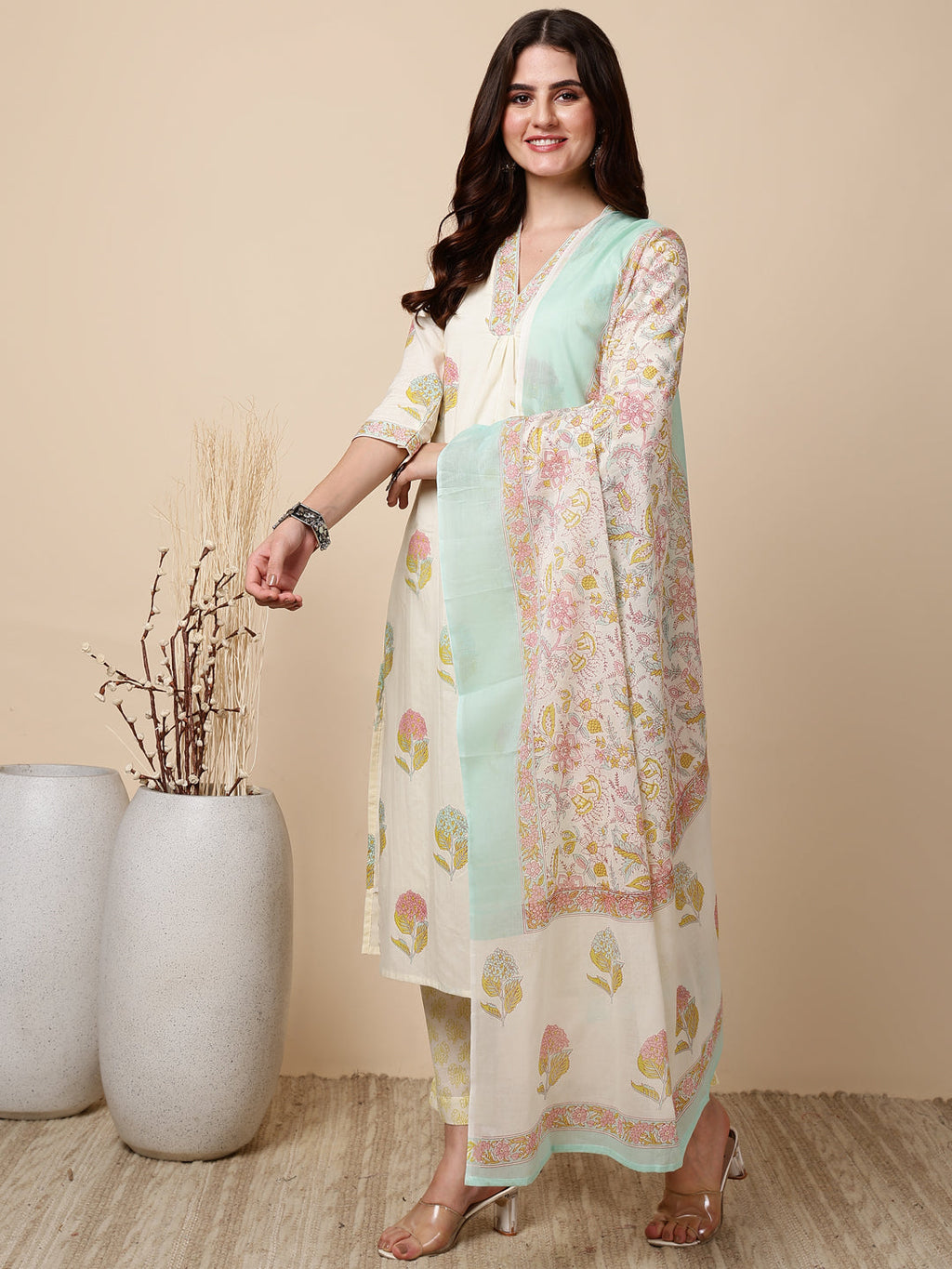 Antaran Cream Pure Cotton Floral Printed Kurta Pant And Dupatta Set - Distacart