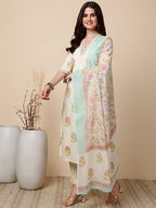Antaran Cream Pure Cotton Floral Printed Kurta Pant And Dupatta Set - Distacart