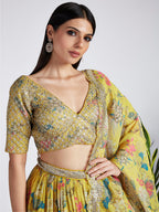 House of Panchhi Mustard Colour Organza Floral Design Digital Print Lehenga Choli & Dupatta