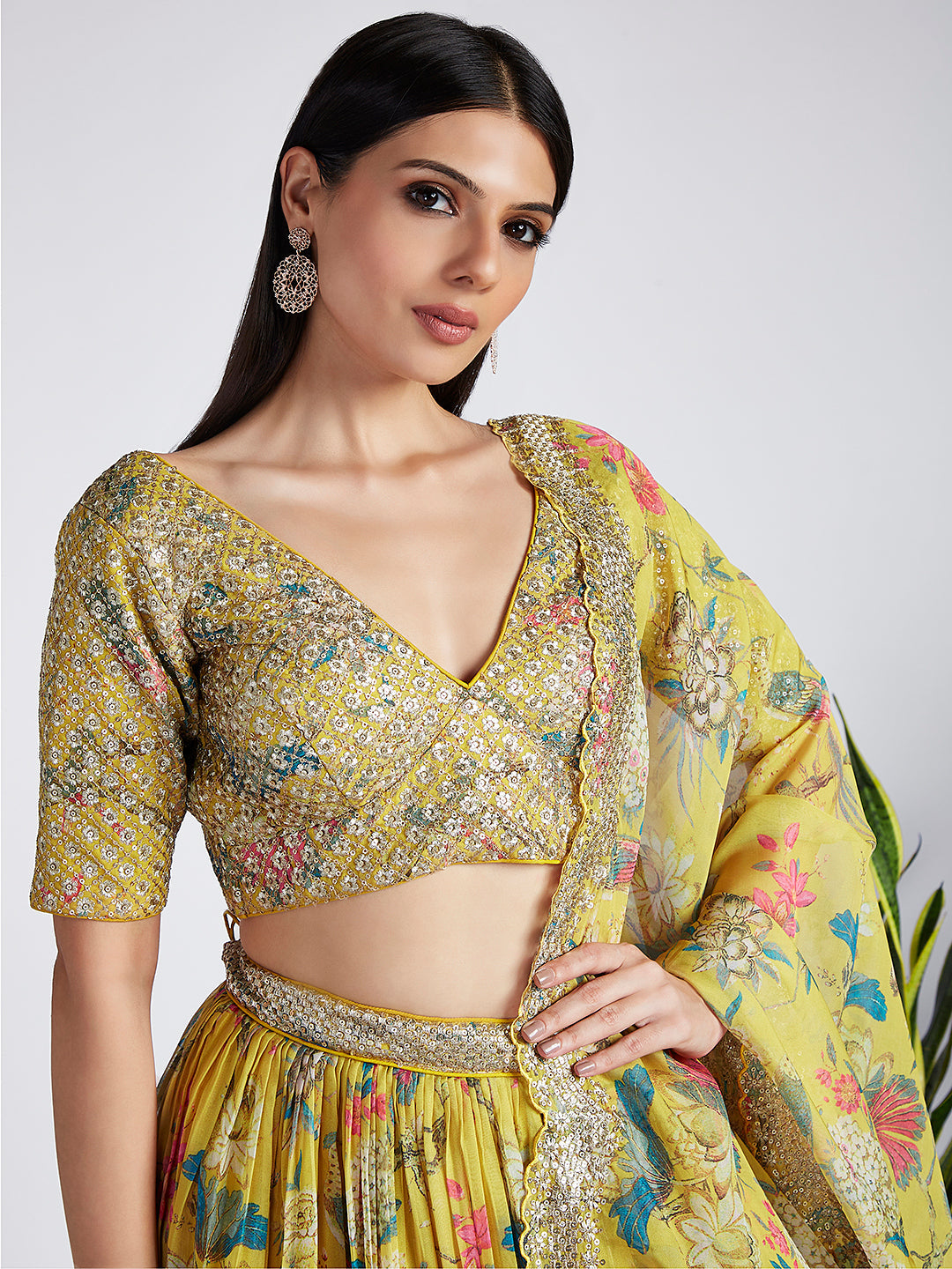 House of Panchhi Mustard Colour Organza Floral Design Digital Print Lehenga Choli & Dupatta