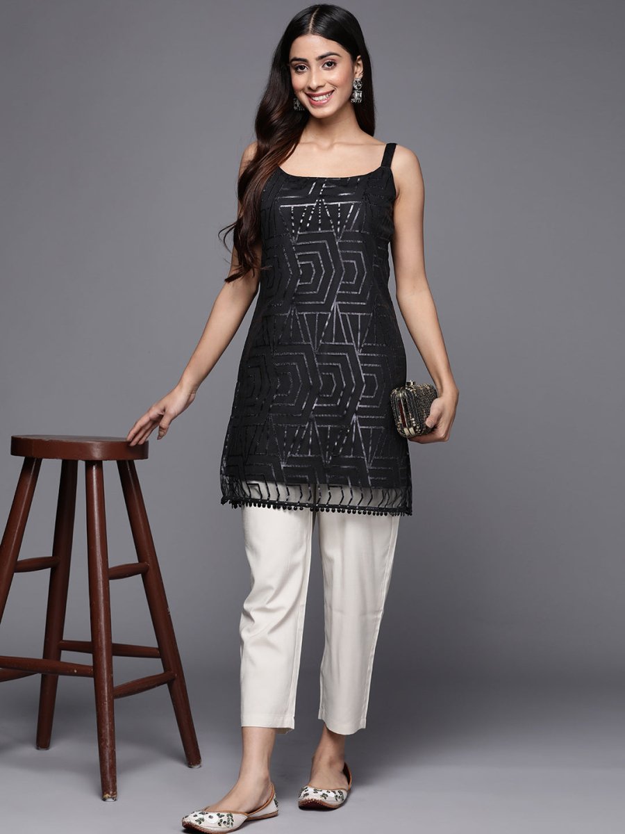 Ahalyaa Square Neck Printed Embellished Crepe Tunic