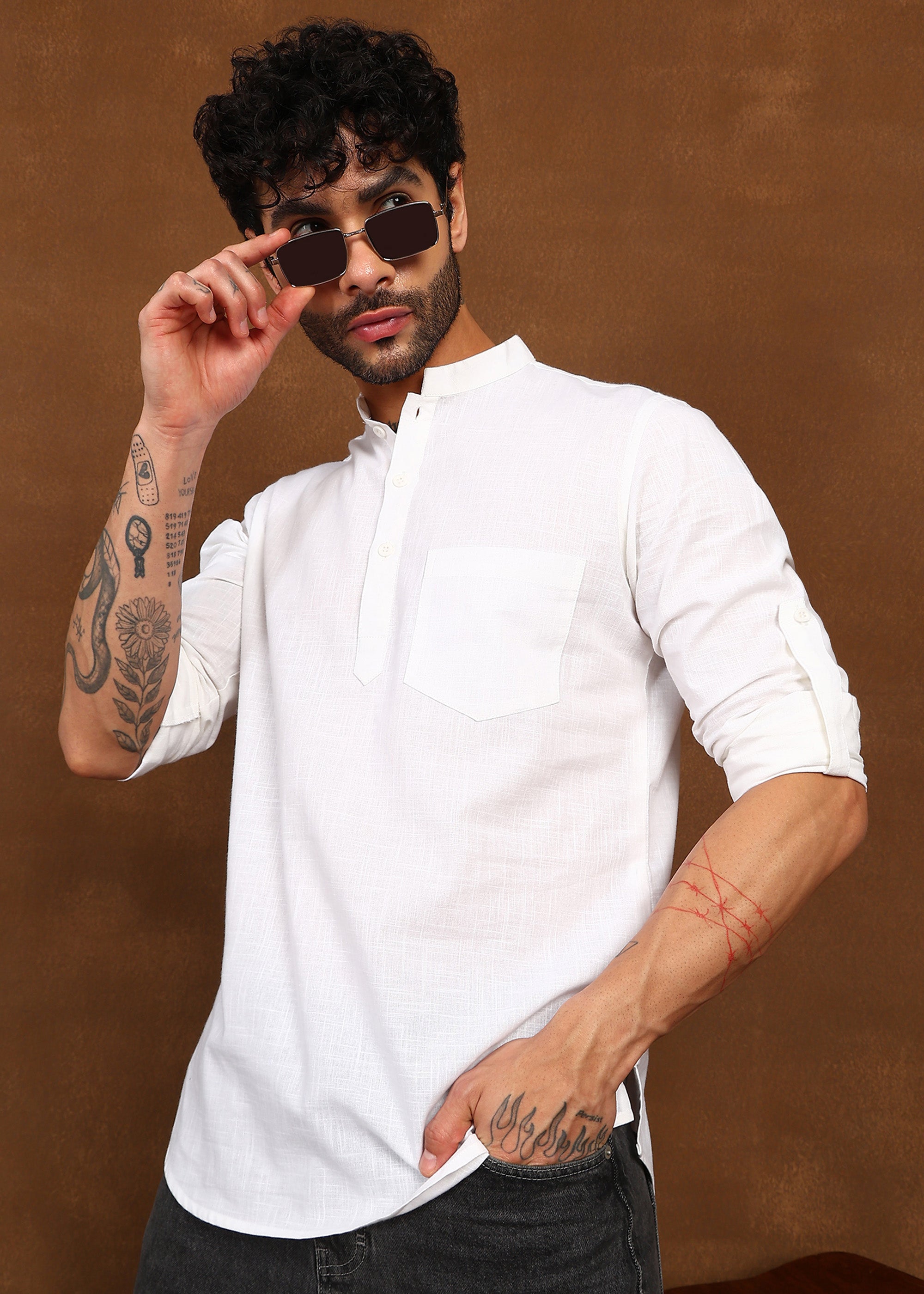 Fabmade Pure Ivory Linen Short Kurta